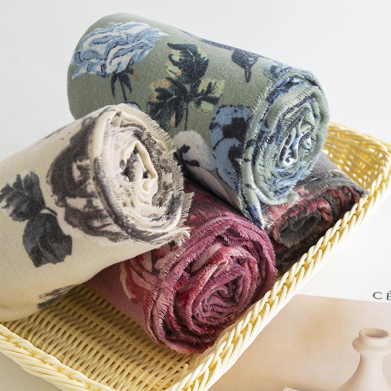 Scarf Autumn and Winter Rose Print Imitation Cashmere Tassel Shawl European and American New Women's Warm Scarf