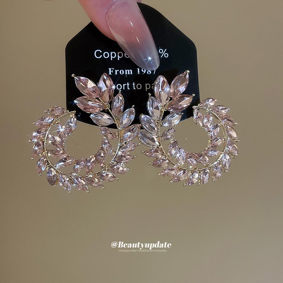Exquisite Silver Rhinestone-Inlaid Geometric Wheat Earrings: High-End Korean-Style Luxury Studs for Women