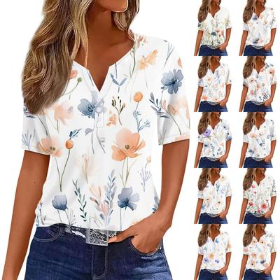 Women's T Shirt Print Button Short Sleeve Daily Weekend Fashion Basic V-Neck Regular Top