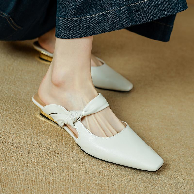 Fashion 2025 NEW Summer Women Mules Genuine Leather Women Shoes Square Toe Chunky Heel Cover Toe Slingback Sandals Modern Slippers