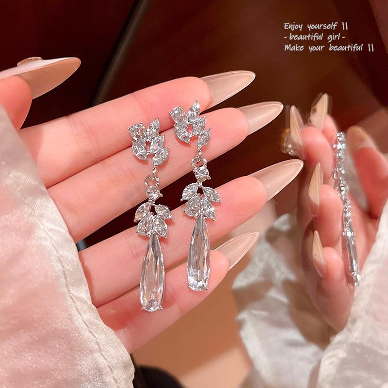 Long Fringed Zircon Earrings Light Luxury Niche Versatile Temperament Bow Stud Earrings