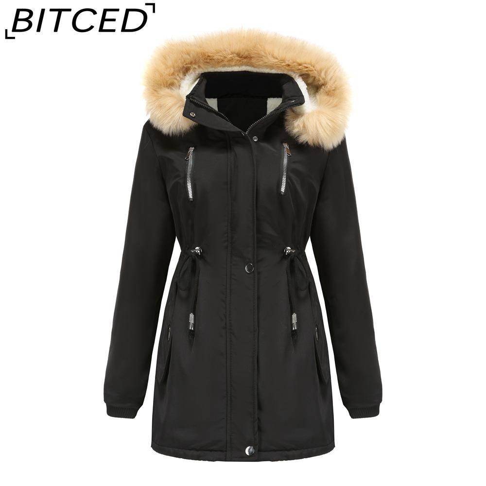 BITCED Autumn/Winter Women's Thickened Shearling-Lined Cotton Coat Loose-Fit Cotton Jacket with Detachable Hood and Fleece Lining