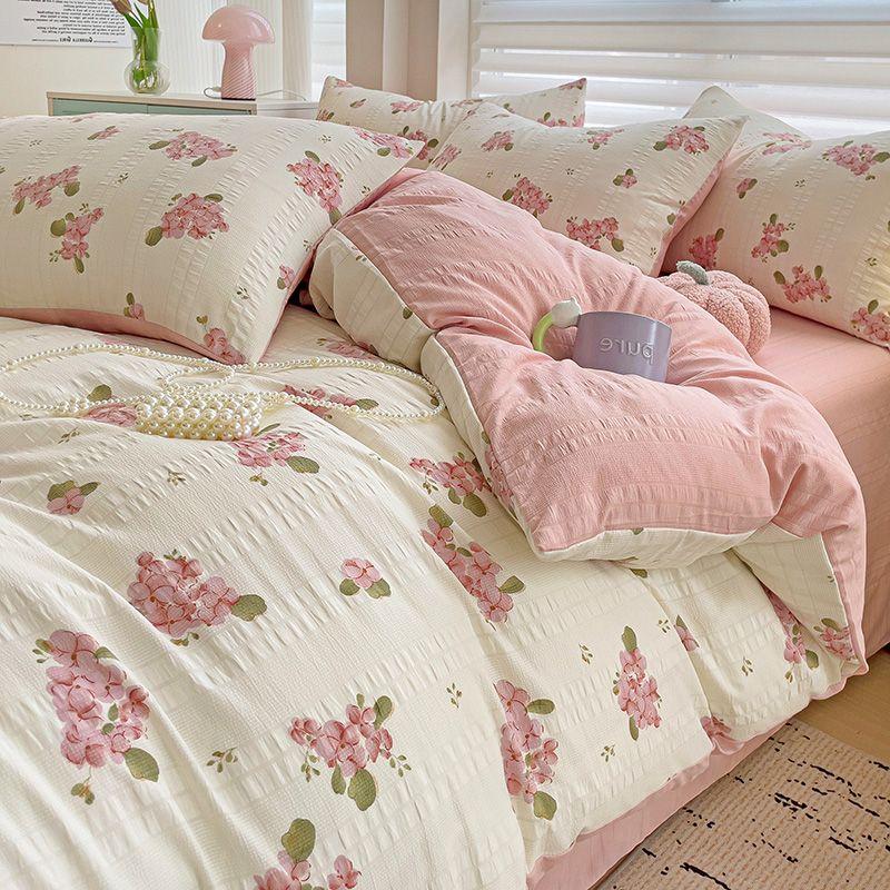 Floral Print French Style Bedding Set Bubble Cotton Duvet Cover Set Washed Cotton Flat Sheet Set Queen For Girl Decor Home