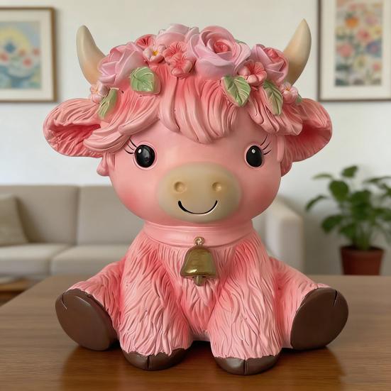 Pink Highland Cow Figurine Resin Highland Cow Statue Small Cute Cattle Sculpture for Garden Table Shelf Kitchen Home Decor