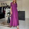 V-neck Long Dress Spring Women V Neck Short Sleeve Loose A-line Pure Color Slimming Ankle Length Maxi Pleated Prom Party Dating
