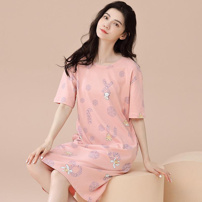 Women's Summer Korean-Style Pure Cotton Short Sleeve Loose Mid-Length Nightgown Pajamas for Home or Casual Wear