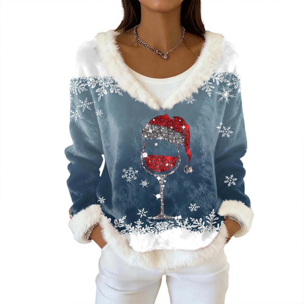 Dame Mote Plysj V-hals Pullover Topp Langermet T-skjorte Juletrykket Genser