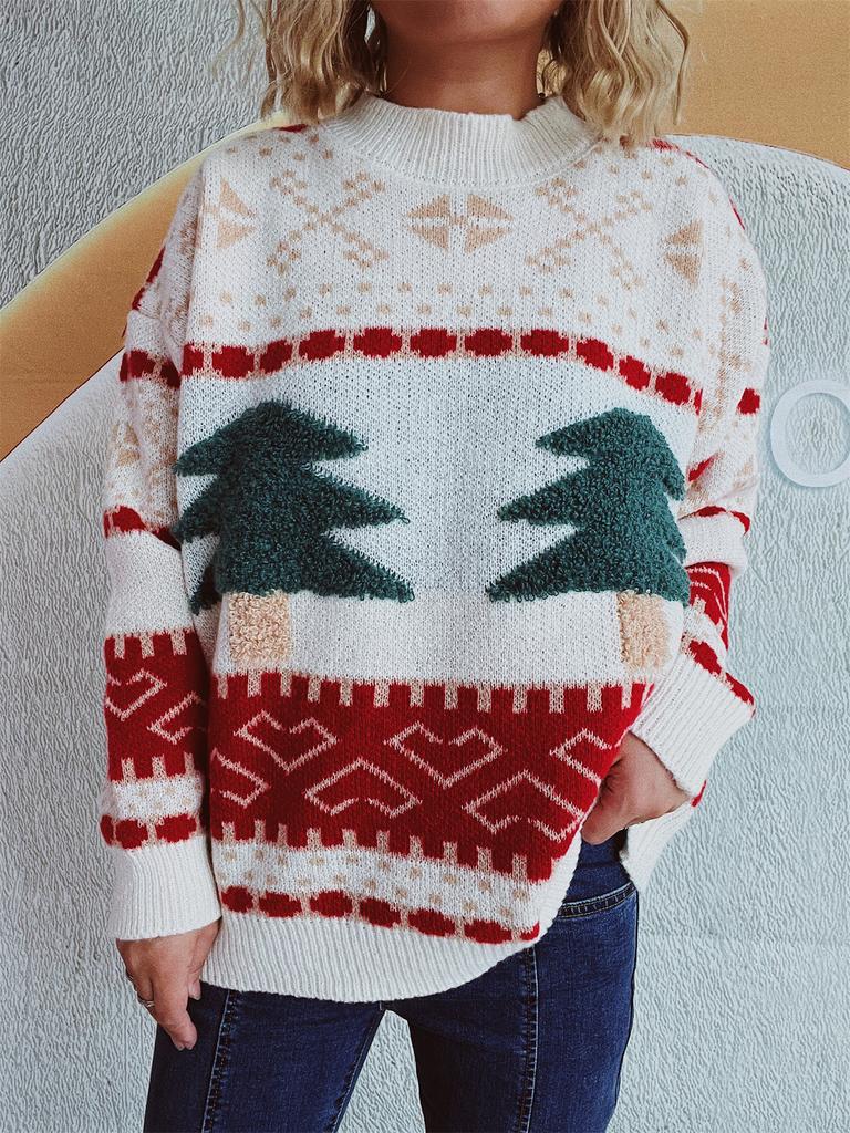 Christmas sweater women's casual round neck knitted Christmas tree cartoon jacquard holiday New Year sweater 3517 KTB