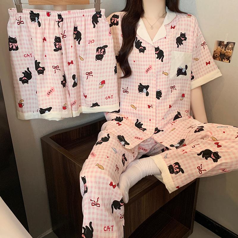 Sweet Plaid Little Black Cat Fashion Temperament Cloud Cotton Pajamas Women'S Summer Three-Piece Loungewear