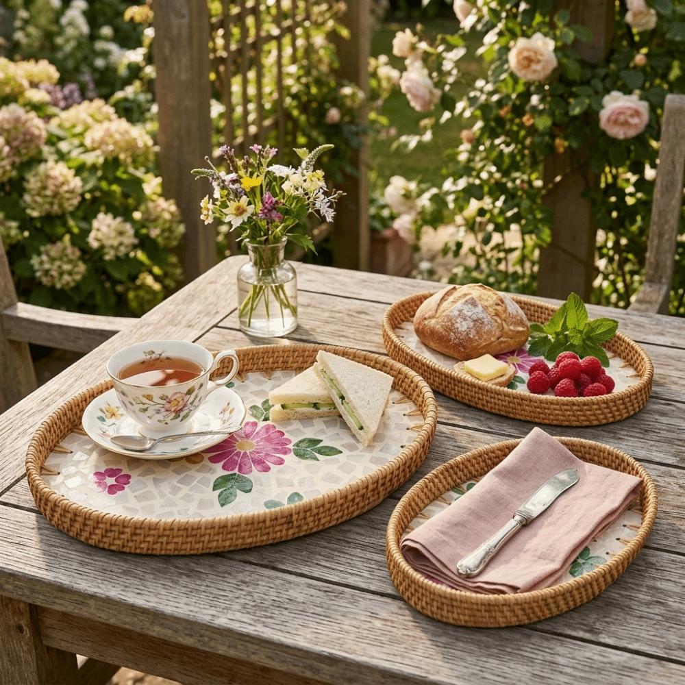 3Pcs Plant Fiber Serving Tray Woven Texture Breathable Structure Decorative Snack Tray Flat Tray Sturdy Fruit Tray Tea-Time Use