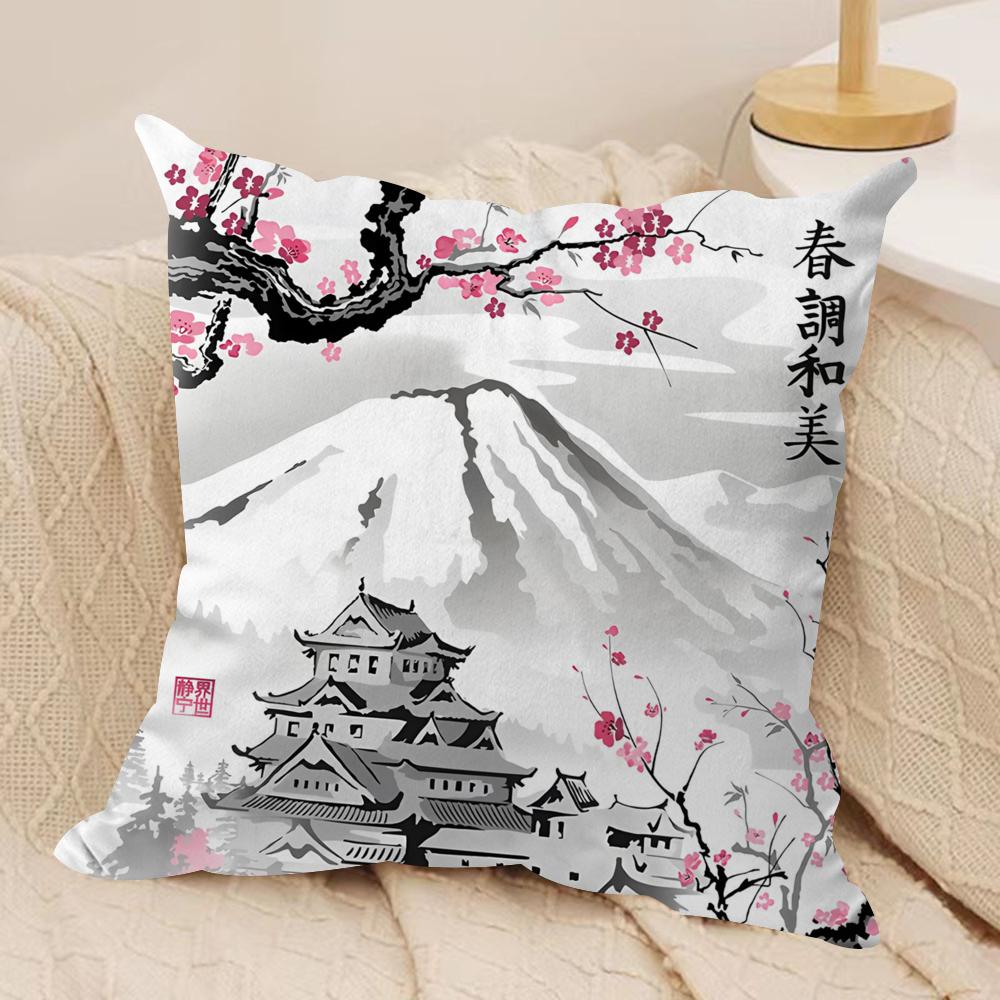 Japanese Pagoda Landscape Cushion Cover Plush Fabric Soft DoubleSided Printed Sofa Warm Winter Home Gift Pillow Cover