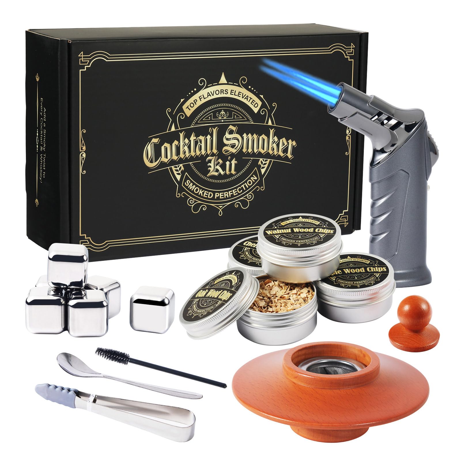 

Wooden Whiskey Smoker Kit Cocktail Smoker | Includes Torch, 4 Types of Smoking Wood Chips, and Non-Melting Ice Set | Home Bar Gift for Men: Father s D