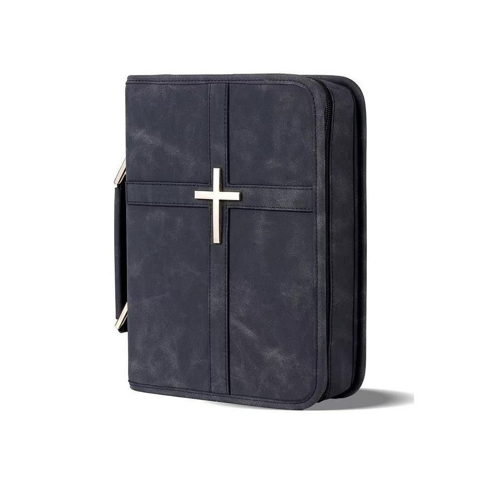 Cross-themed Vegan Leather Bible Cover Dust-proof with Phone Pocket PU Leather Bible Bag Built-in Bookmark Ribbon