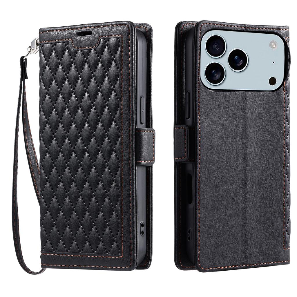 For iPhone 17 Pro Max Leather Case Rhombus Texture Wallet Stand Phone Cover with Wrist Strap