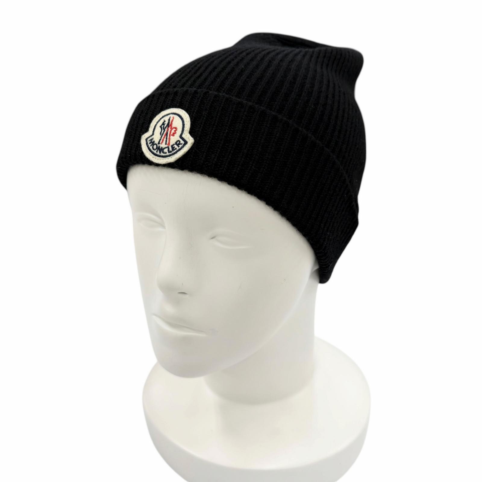 Great MONCLER Knit cap Logo patch knit cap knit hat black wool Women Used