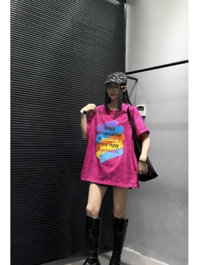 Women's European Style Tie-Dye Rainbow Letter Print Loose T-Shirt - Spring Mid-Length Top