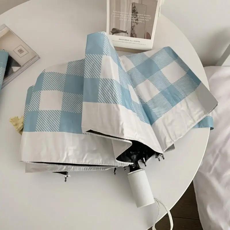 Blue Plaid Umbrella Women s Simple Red Nose Sunade UV Protection Folding Sun Umbrella Rain And Sun Dual Purpose Umbrella Iron&8K