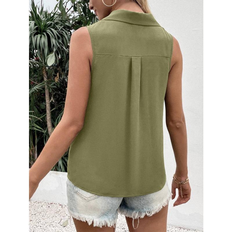 Women Lapel Collar Sleeveless Single Breasted Button Down Solid Loose Casual Chiffon Vest Blouse