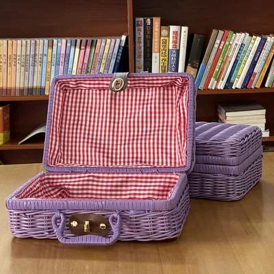 Manual Woven Cosmetic Storage Box Retro Rattan Suitcase with Hand Gift Box Wicker Rattan Picnic Laundry Baskets Home Storage
