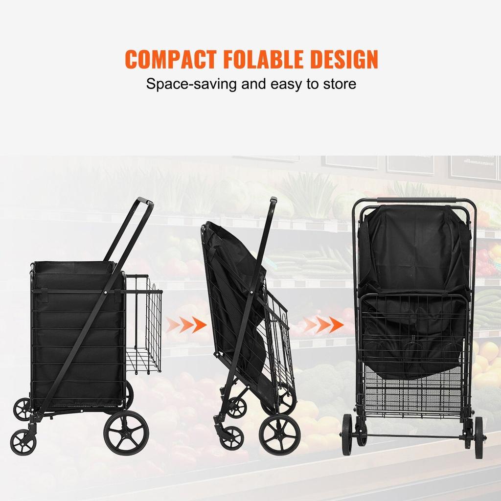 Folding Shopping Cart with Removable Waterproof Liner, 330LBS Large Capacity Jumbo Grocery Cart with Dual Basket, 360° Swivel Wheels, Dense Metal Mesh