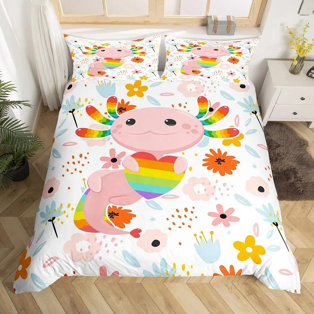 Axolotl Bettbezug Set Rosa Molch Wildtier Bettdeckenbezug mit Kissenbezügen Cartoon Oktopus Tier Kawaii Stil Einzelbett-Bettbezug