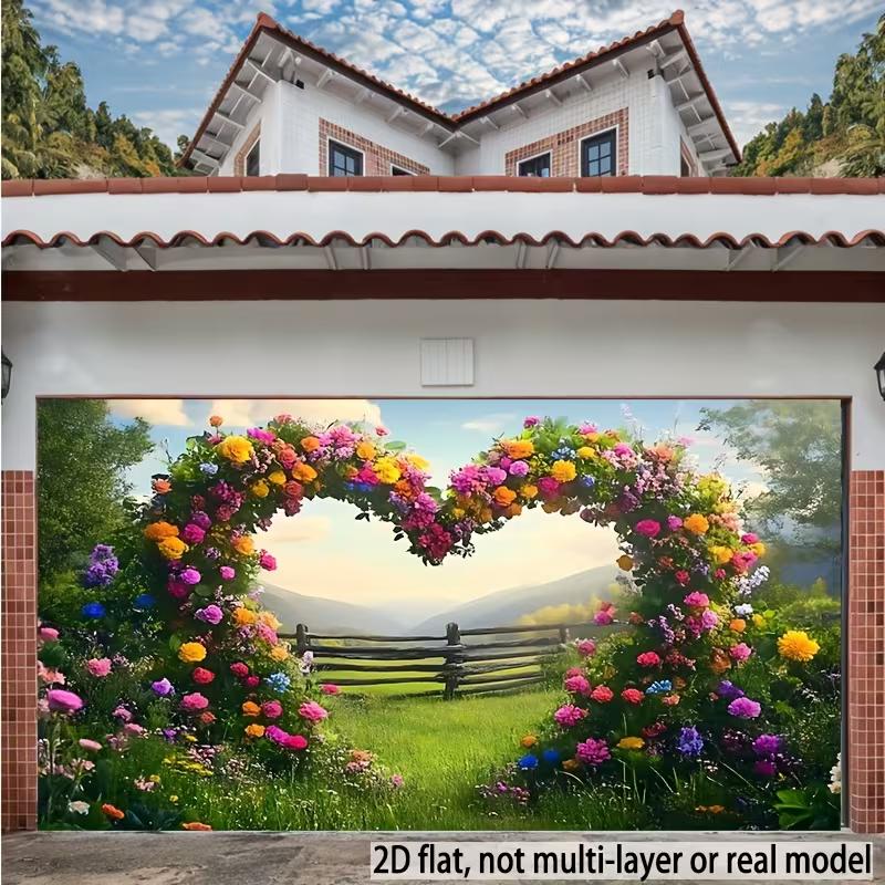 2D Romantic Spring Meadow with Heart Flower Arch Photography Background