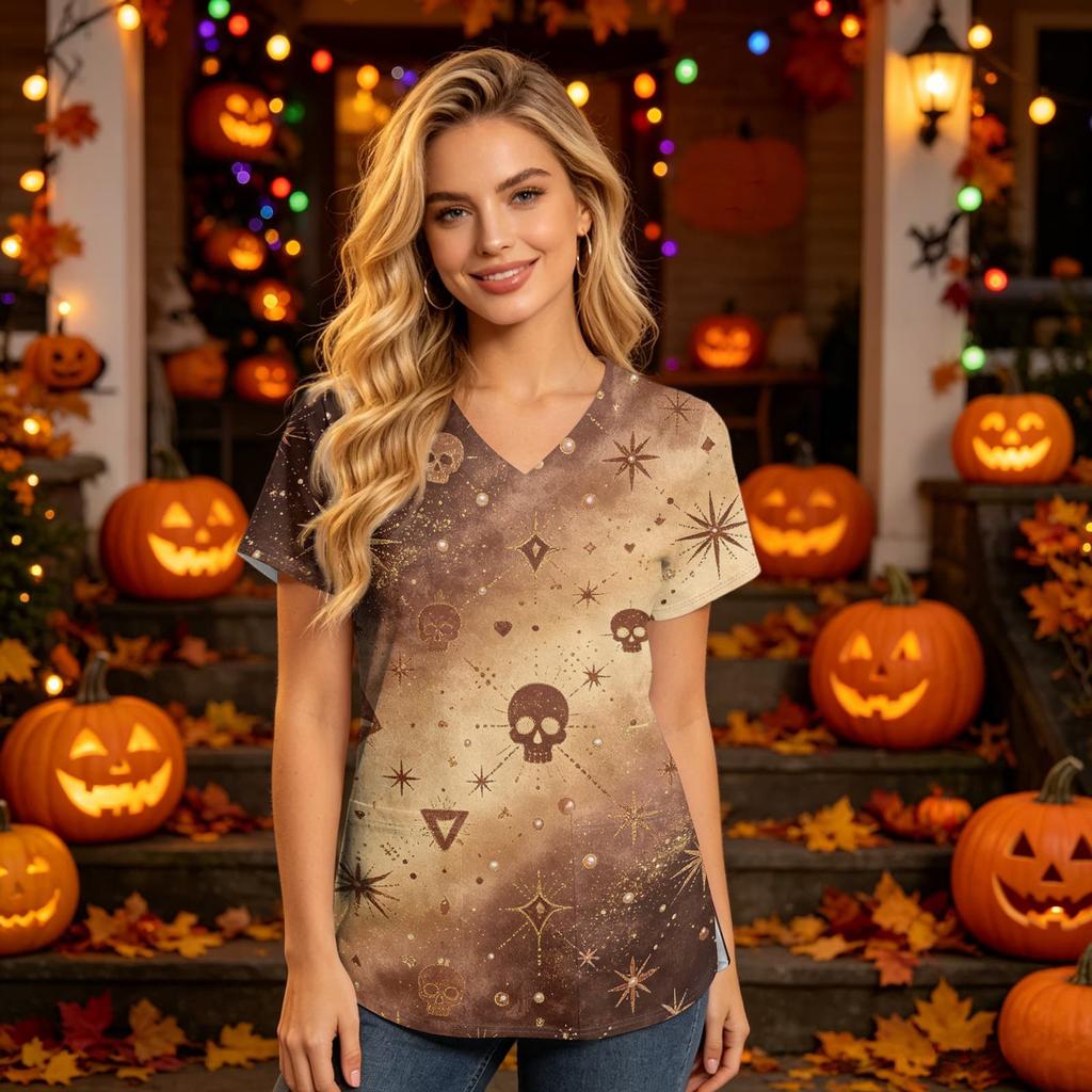 Women's V-Neck Short Sleeve Scrub Top with Pockets Halloween Print Caregiver Uniform