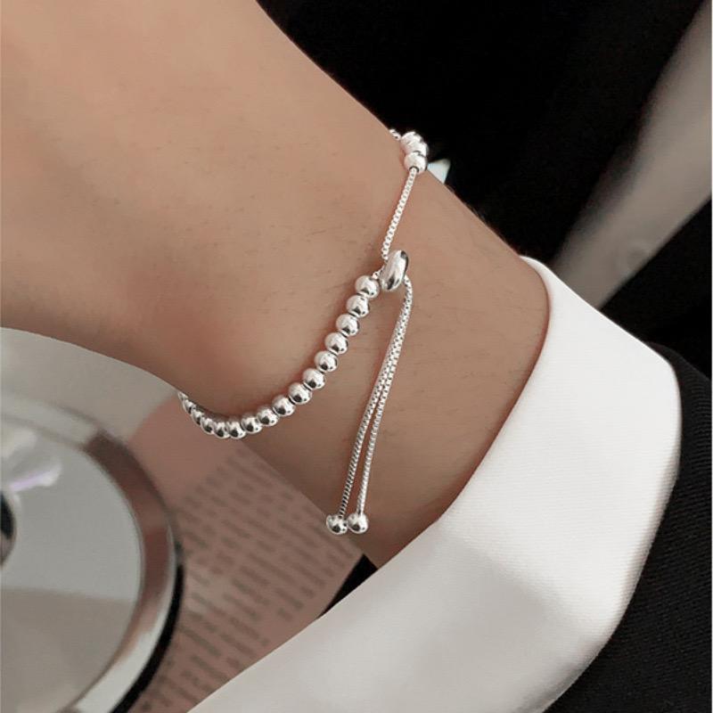 

100% Solid 925 Sterling Silver Metal Bracelets for Women Men Beads Adjuatable Handmade Simple Bracelet Birthday Christmas Gift