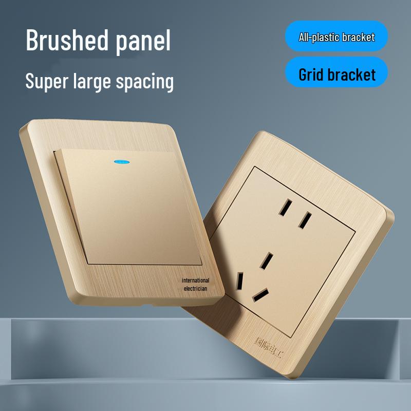 Gold 86 Typ Elektrische Nachttischlampe Wandschalterpanel mit Einzel-/Doppelsteuerung und Fünflochsteckdose