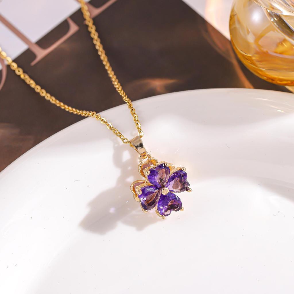 Clover Necklace with Spinning Four-Leaf Design, Diamonds & Colored Zircon, Titanium Steel Chain