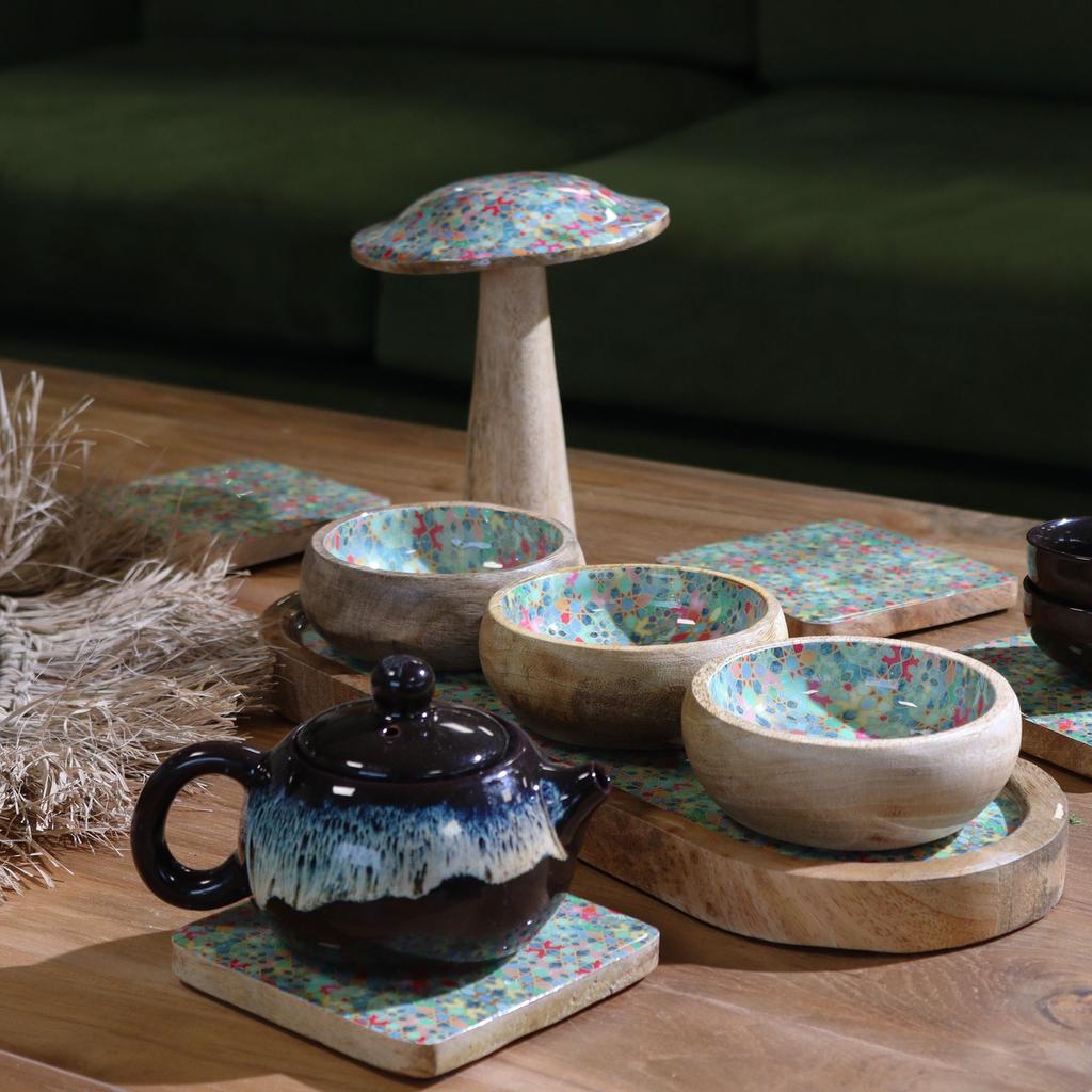 Serving Tray With 3 Ceramic Bowls, Mango Wood
