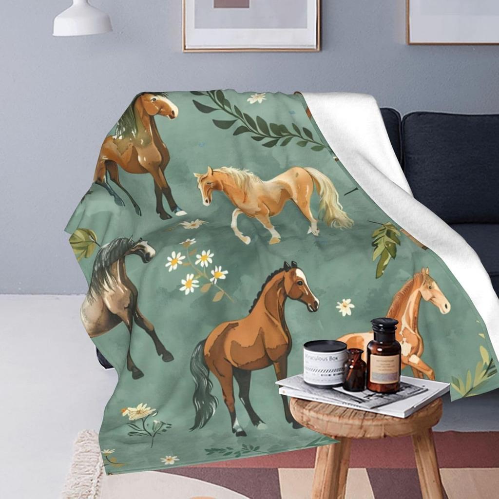 Horse Blanket Cute Horses Flowers Decor Throw Blanket Gifts for Animal Lover Warm Soft Plush Lightweight Fleece Flannel Blanket