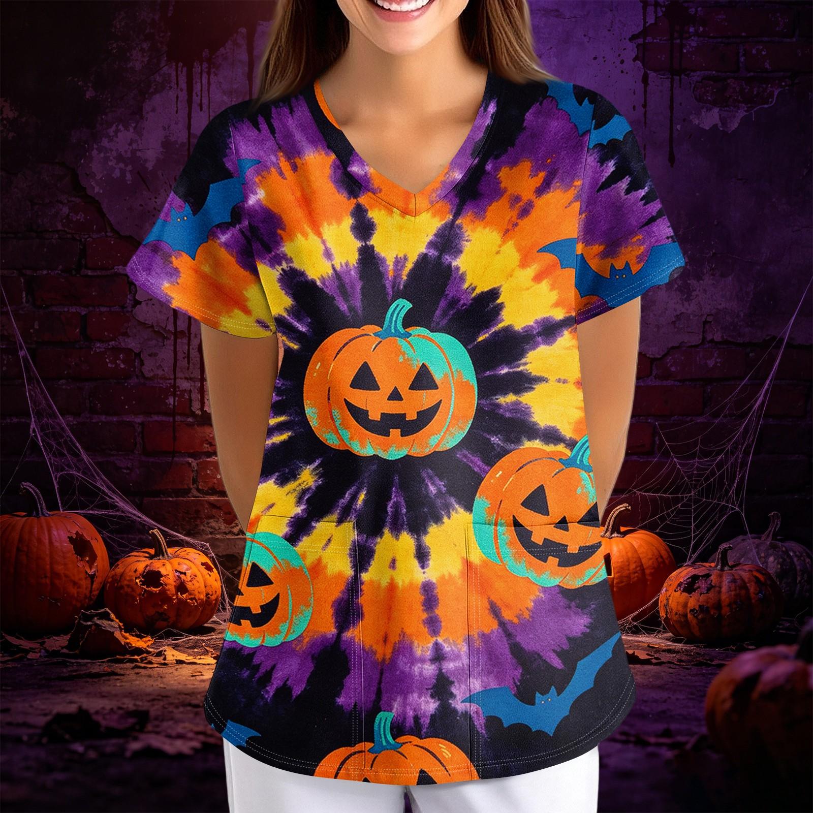 Women s Halloween Print Loose V-Neck Short Sleeve Pocket Uniform Top Scrub Costume Cosplay for Adult Women S
