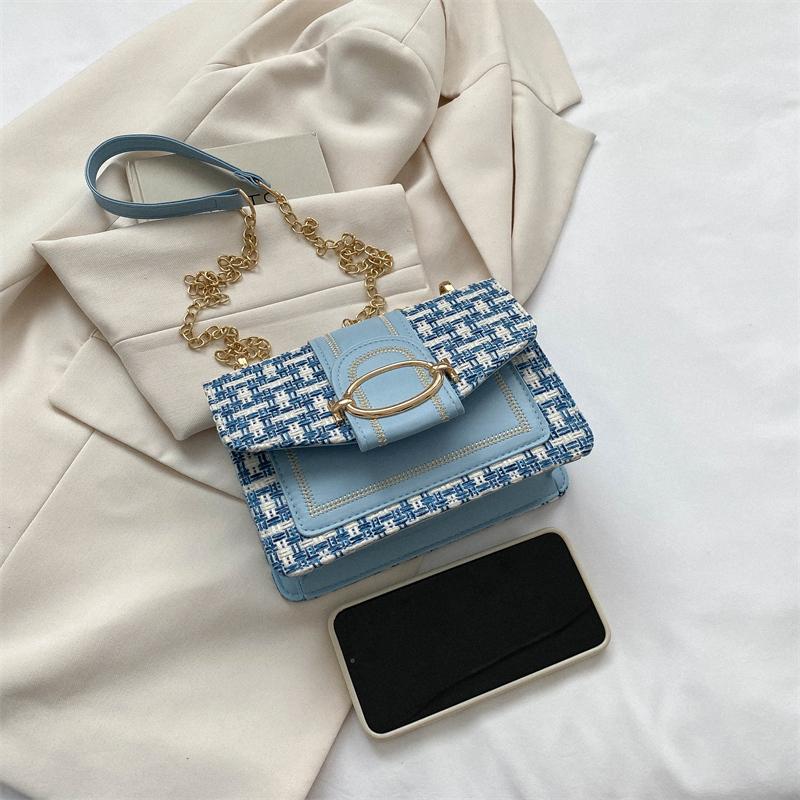 Checkered Metal Chain Single Shoulder Bag Women's Lock Buckle Crossbody Commuting Small Square Women