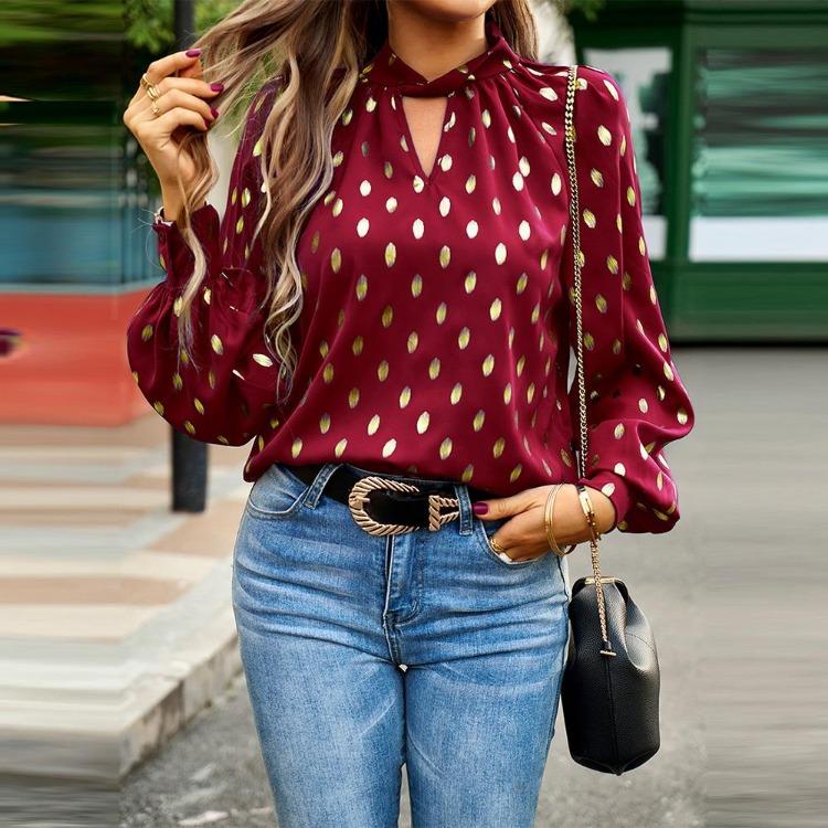 Women's Loose Hollow Out Blouse Long Sleeve O Neck Top Autumn Winter Printed Commuter Casual Tops