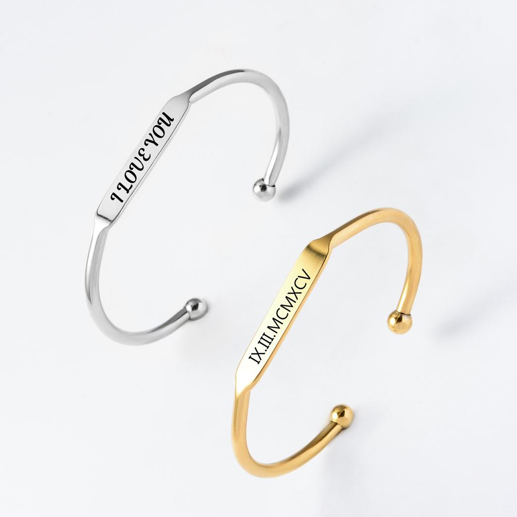 Custom Letter Charms Stainless Steel Flat Bangle For Men and Women Personalized Words Bracelets