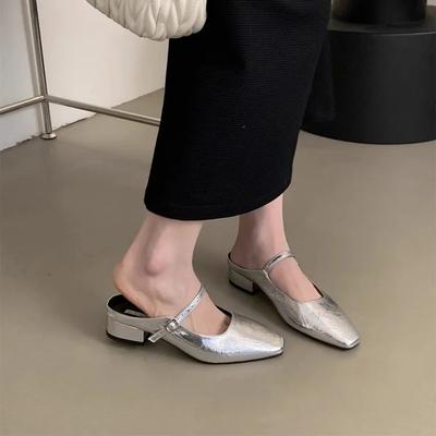 New Ladies' Slippers Shallow Cover Toe Square Heel Low Block Flat Silver Slides Rubber PU Mary Janes Shoes Woman