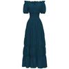 Vestido Largo Retro de Color Sólido para Mujer, Manga Corta, Cuello con Cordones, Cintura Fruncida