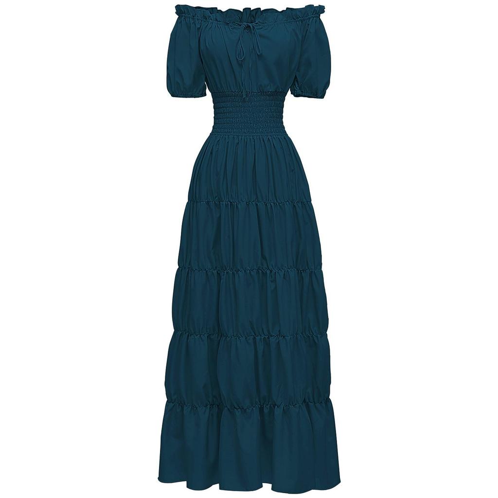 Vestido Largo Retro de Color Sólido para Mujer, Manga Corta, Cuello con Cordones, Cintura Fruncida