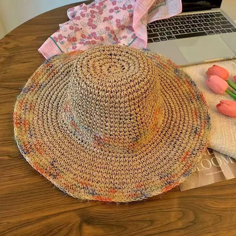 Women's Summer Foldable Sun Hat Floppy Travel Beach Cap Wide Brim Beach Bucket Hat with Colorful Woven Pattern