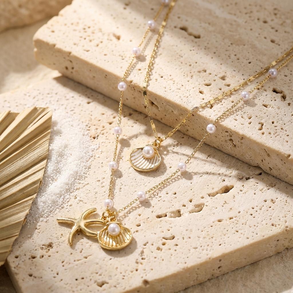 Mermaidcore Ocean Shell Starfish Pendant Necklace for Women Double Layer Imitation Pearl Necklace Summer Vacation Beach Jewelry