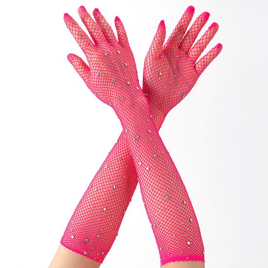 Long Rhinestone Fishnet Gloves for Women Sparkly Mesh Elbow Length Gloves for Rave Party Halloween Wedding Costume Accessories