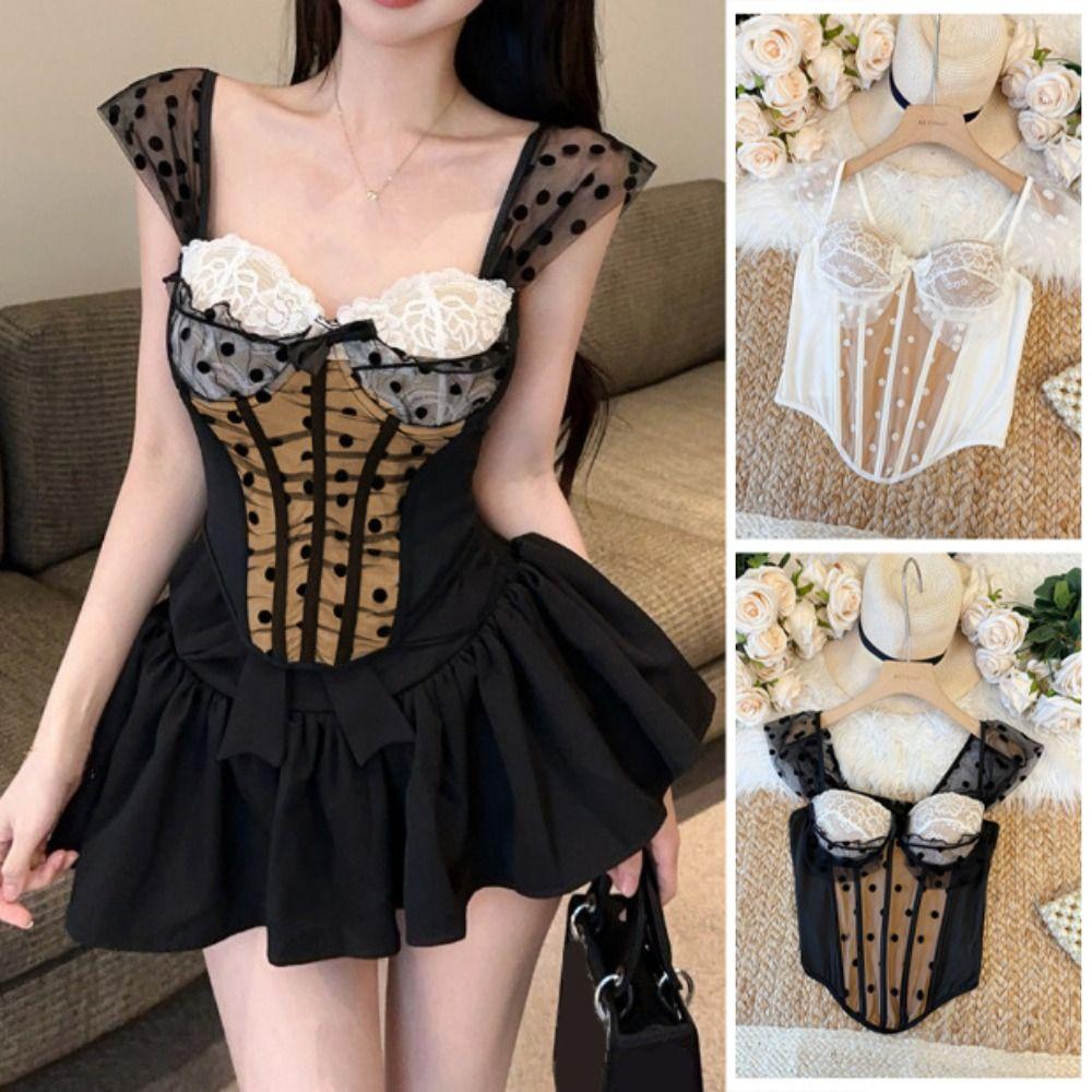 Slim fit Lace Corset Dots Suspender Vest Elastic Crop Tops Ladies