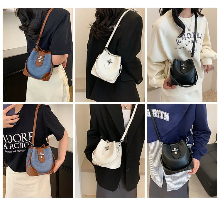 Color matching denim mini bucket bag women's messenger bag