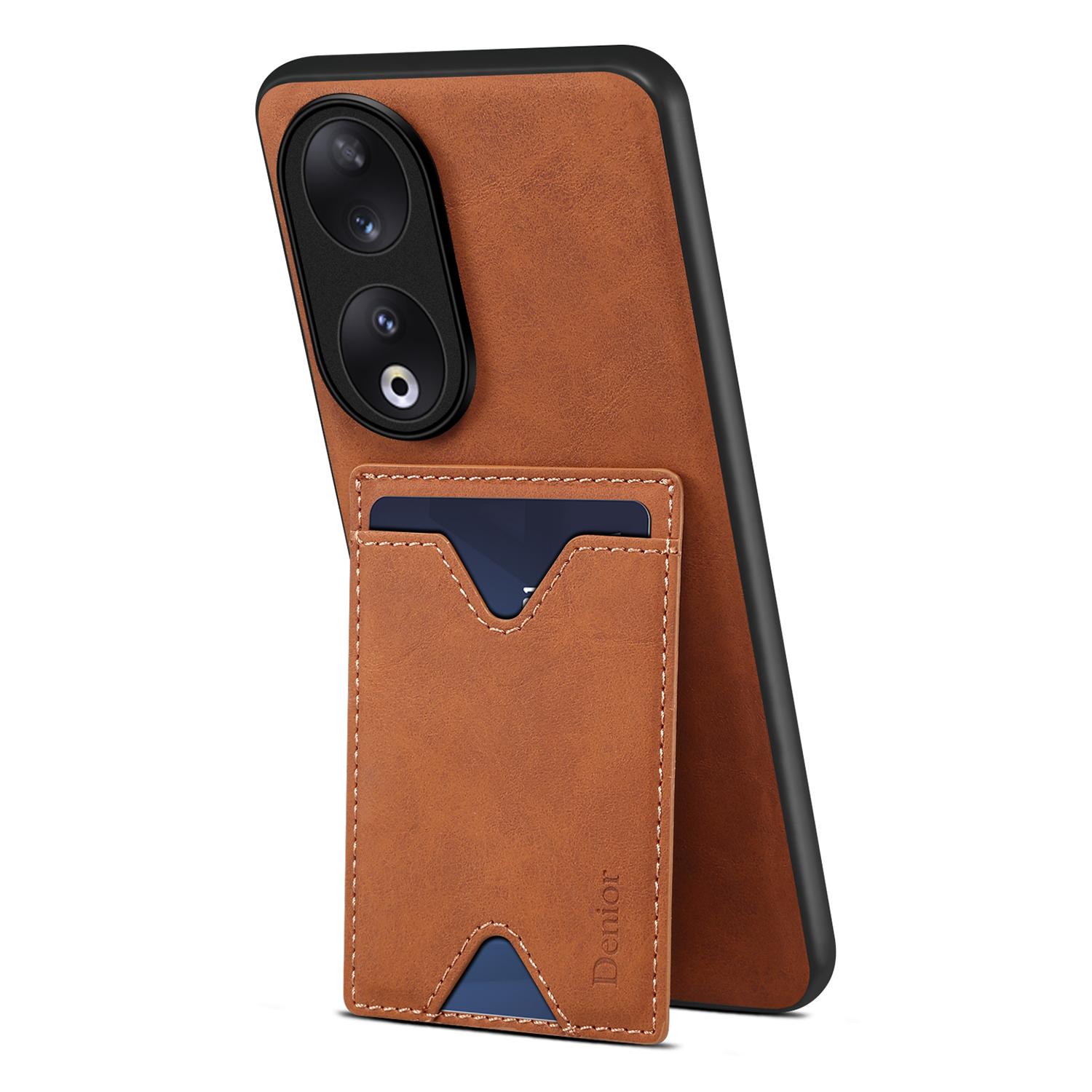 

DENIOR PU Leather Coated TPU Cover for Honor 90 Kickstand Card Holder Anti-drop Phone Case Brown