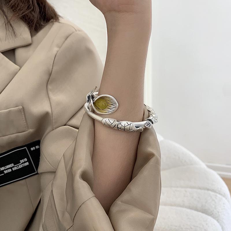 Vintage Chinese Silver Lotus Amber Bangle