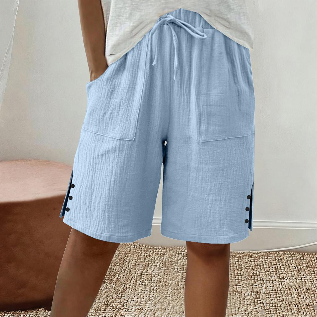 Women's Large Shorts Summer Casual Wide Leg Knee High Waist Cotton Pocket Long Shorts