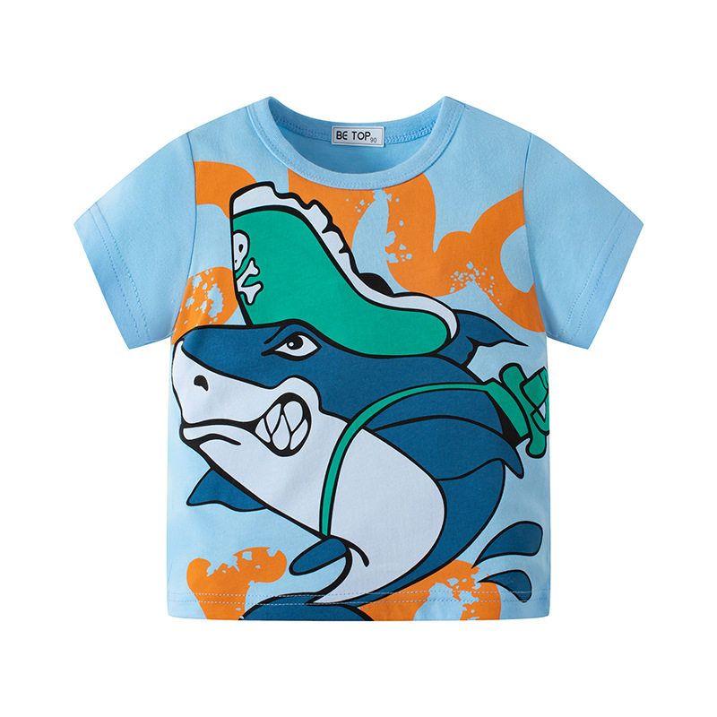 Baby Ocean Clothes Children s Clothing Cartoon Shark Top Undershirt Summer Children s Short sleeve T-shirt Cotton Boys  Half Sleeve Dt8301 Sky Blue 90