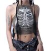 Punk Aesthetic Cyber Retro X-ray Skeleton Print Rib Sleeveless Vest ArmyGreen Crop Top Designer Clothes Women 2024 Summer Emo