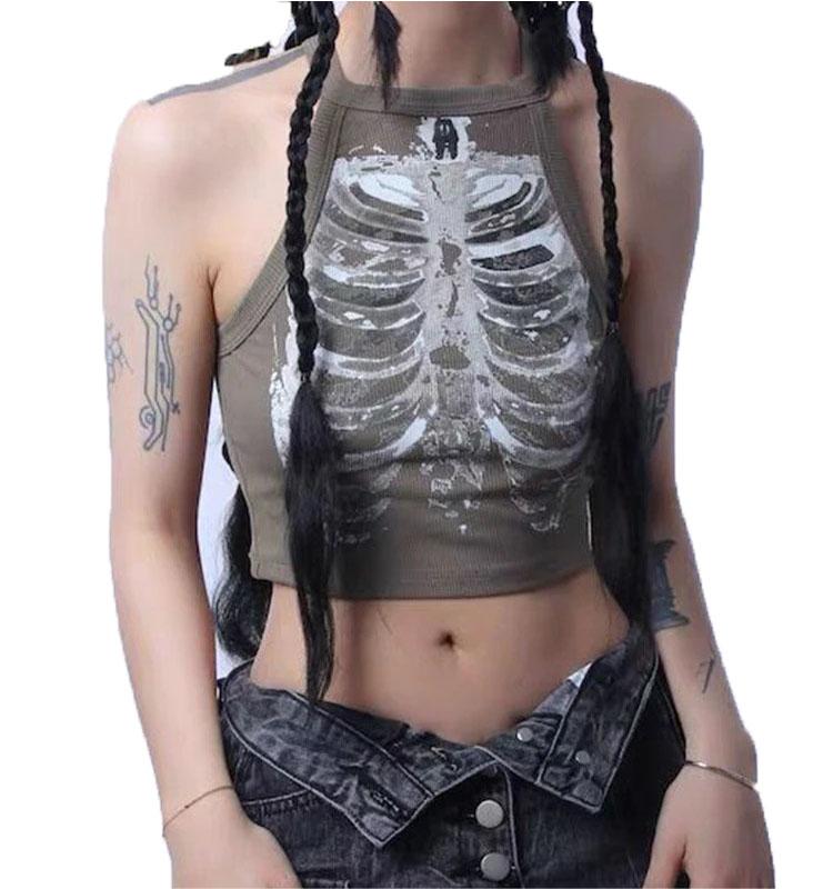 Punk Aesthetic Cyber Retro X-ray Skeleton Print Rib Sleeveless Vest ArmyGreen Crop Top Designer Clothes Women 2024 Summer Emo